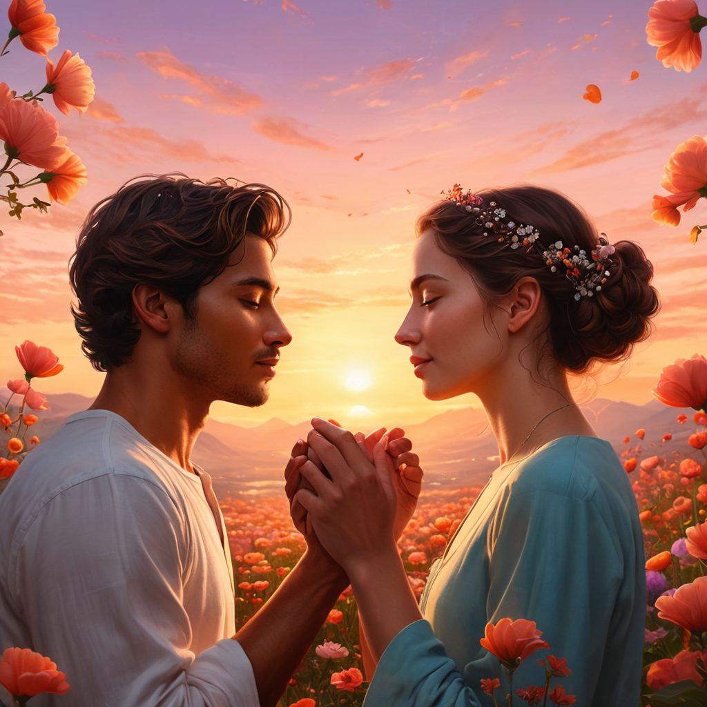 A romantic scene depicting two diverse individuals engaged in deep conversation, surrounded by subtle heart motifs and soft light. Include elements representing progression from light flirtation to deeper connection, such as blossoming flowers and intertwined hands. The background should feature a dreamy sunset, symbolizing warmth and affection. vibrant colors. super-realistic.