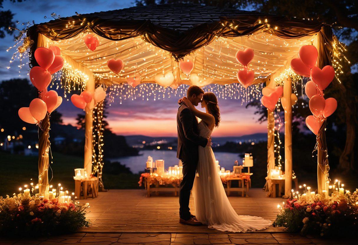 A romantic scene featuring a couple embracing under a canopy of twinkling fairy lights, surrounded by heart-shaped balloons and soft, glowing candles. In the background, a picturesque sunset creates a warm, inviting atmosphere, symbolizing passion and connection. Include gentle floral elements to enhance the ambiance of love and intimacy. super-realistic. vibrant colors. soft focus.