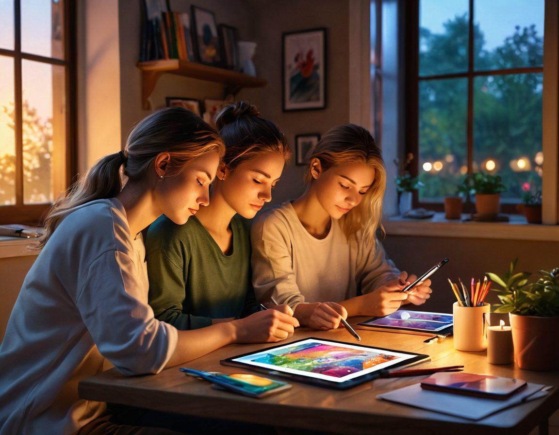 A beautifully illustrated scene showing a couple deeply engaged in creating digital art together on tablets, surrounded by colorful art supplies and a warm, cozy environment. Their facial expressions convey love and connection, while vibrant digital sketches are displayed on their screens, blending themes of intimacy and creativity. Soft lighting enhances the atmosphere, with hints of nature visible through a nearby window. This art experience encapsulates the fusion of technology and affection. super-realistic. vibrant colors. warm tones.